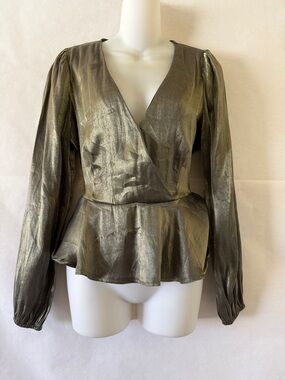 Metallic Olive Green Wrap Peplum Top Size M Long Sleeve Castlecore Whimsigoth